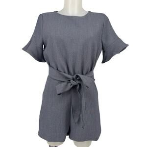 Line And Dot Flounce Sleeve Romper Small Blue Belted Open Keyhole Button Pockets